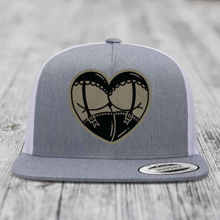 Heart Shaped Ass (Garter Belt) - Leather Patch Hat - Light Brown to Black Patch - Yupoong 6006 Snapback Flatbill Hat