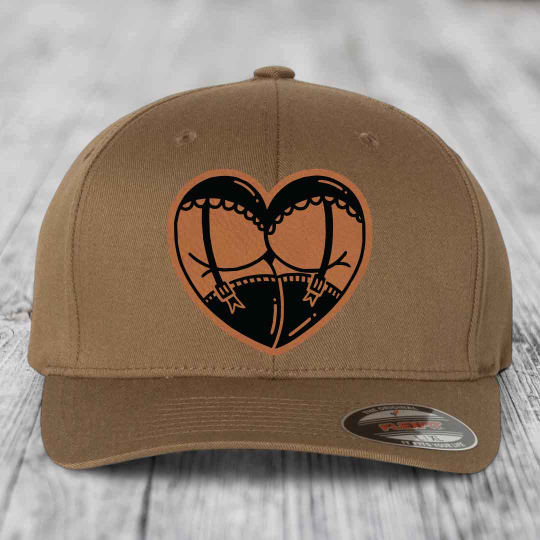 Heart Shaped Ass (Garter Belt) - Leather Patch Hat - Rawhide to Black Patch - Flexfit 6277 Fitted Hat