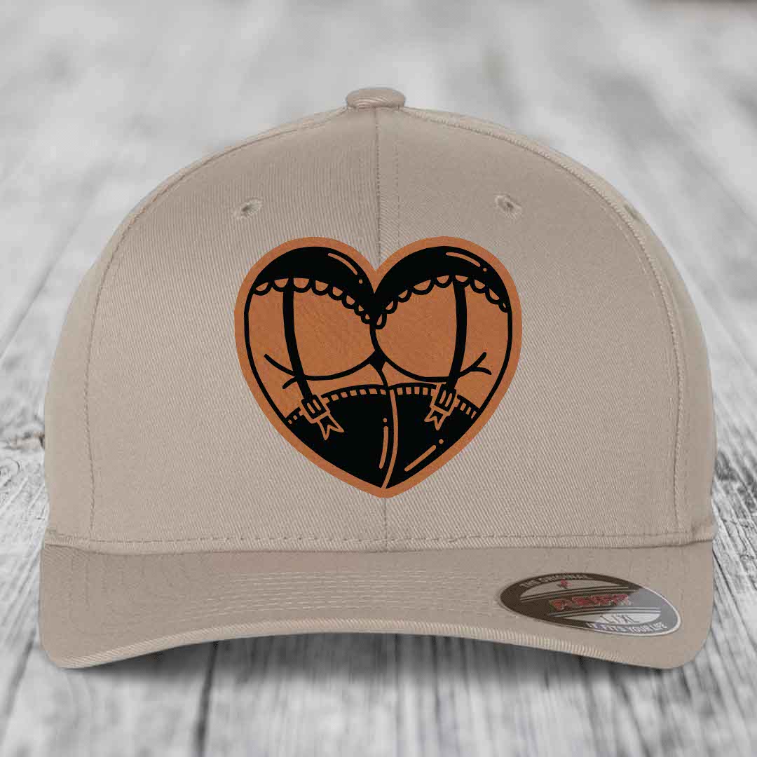 Heart Shaped Ass (Garter Belt) - Leather Patch Hat - Rawhide to Black Patch - Flexfit 6277 Fitted Hat