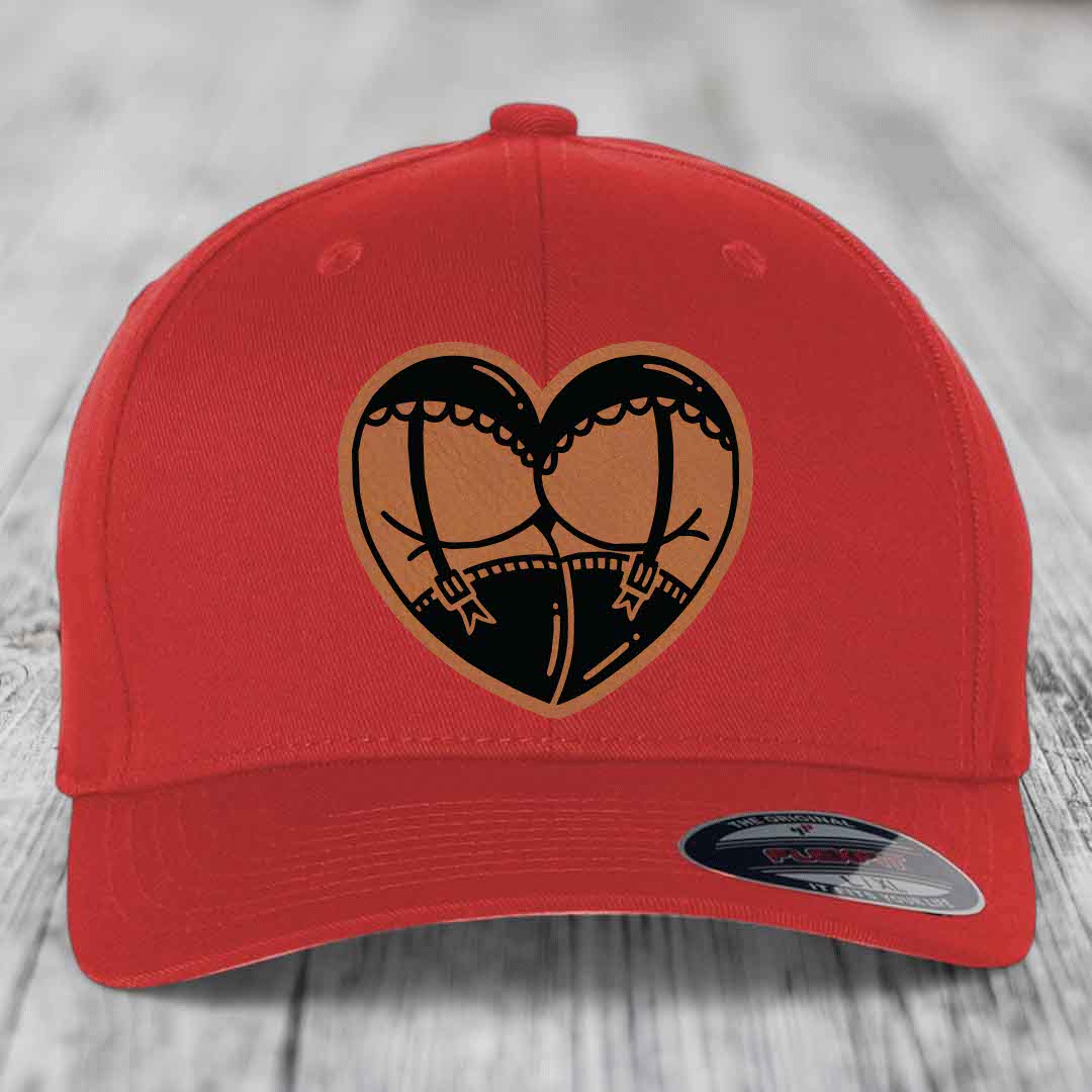 Heart Shaped Ass (Garter Belt) - Leather Patch Hat - Rawhide to Black Patch - Flexfit 6277 Fitted Hat