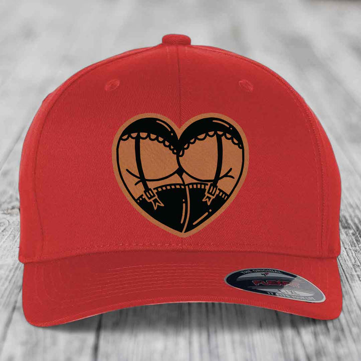 Heart Shaped Ass (Garter Belt) - Leather Patch Hat - Rawhide to Black Patch - Flexfit 6277 Fitted Hat