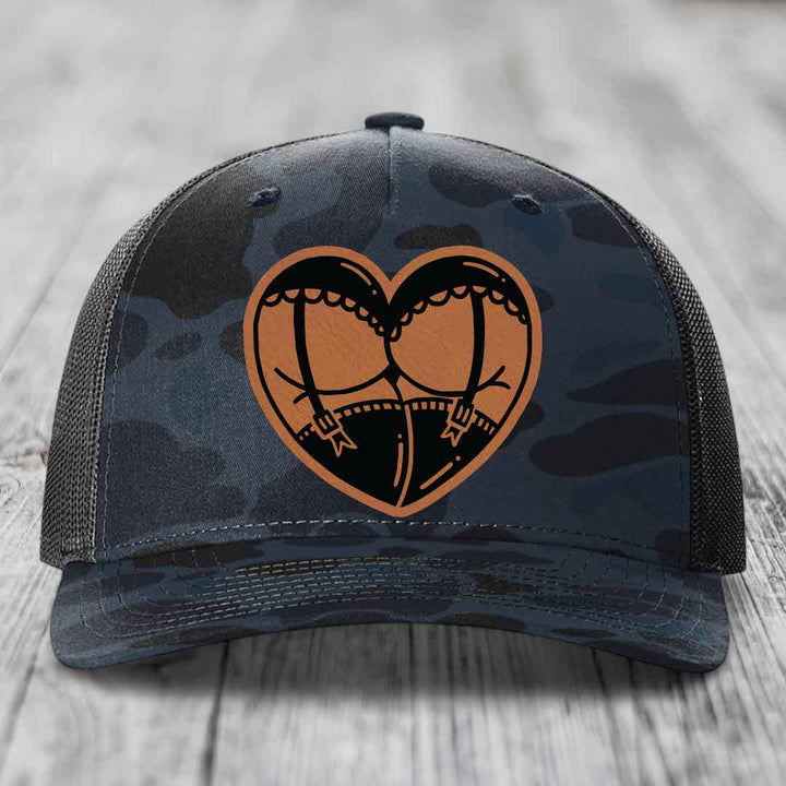Heart Shaped Ass (Garter Belt) - Leather Patch Hat - Rawhide to Black Patch - Richardson 112PFP Snapback Trucker Hat