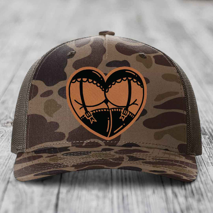 Heart Shaped Ass (Garter Belt) - Leather Patch Hat - Rawhide to Black Patch - Richardson 112PFP Snapback Trucker Hat