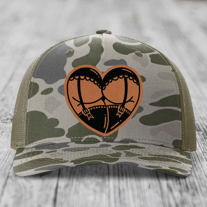 Heart Shaped Ass (Garter Belt) - Leather Patch Hat - Rawhide to Black Patch - Richardson 112PFP Snapback Trucker Hat
