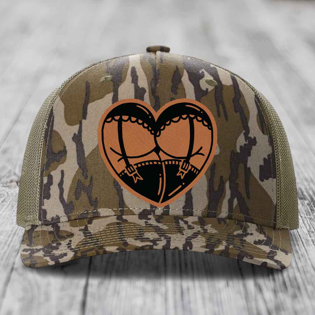 Heart Shaped Ass (Garter Belt) - Leather Patch Hat - Rawhide to Black Patch - Richardson 112PFP Snapback Trucker Hat