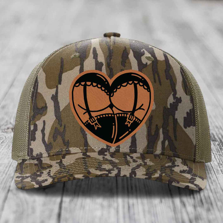 Heart Shaped Ass (Garter Belt) - Leather Patch Hat - Rawhide to Black Patch - Richardson 112PFP Snapback Trucker Hat
