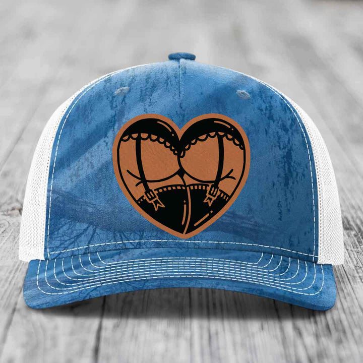 Heart Shaped Ass (Garter Belt) - Leather Patch Hat - Rawhide to Black Patch - Richardson 112PFP Snapback Trucker Hat