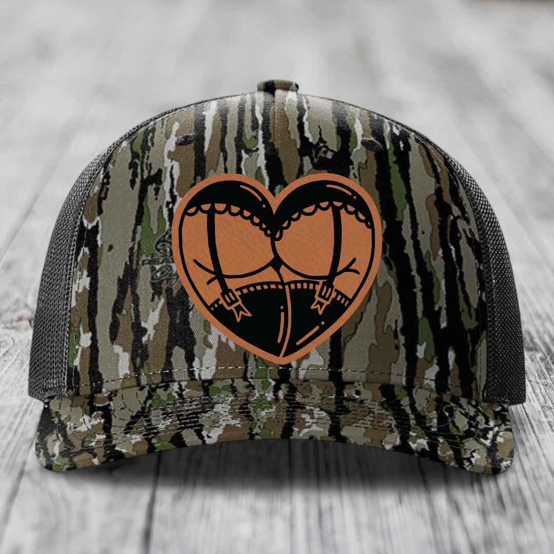 Heart Shaped Ass (Garter Belt) - Leather Patch Hat - Rawhide to Black Patch - Richardson 112PFP Snapback Trucker Hat