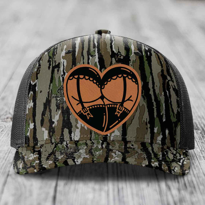 Heart Shaped Ass (Garter Belt) - Leather Patch Hat - Rawhide to Black Patch - Richardson 112PFP Snapback Trucker Hat