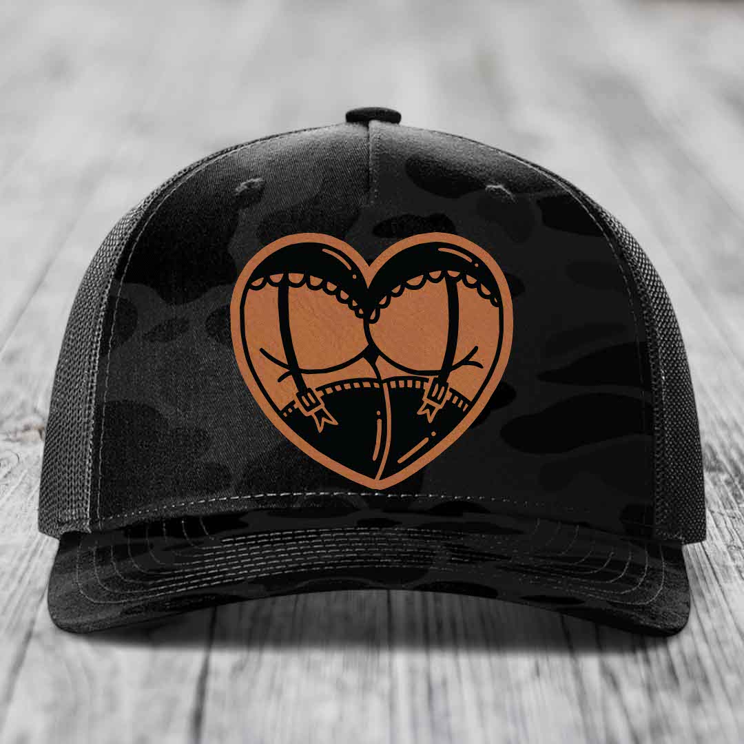 Heart Shaped Ass (Garter Belt) - Leather Patch Hat - Rawhide to Black Patch - Richardson 112PFP Snapback Trucker Hat