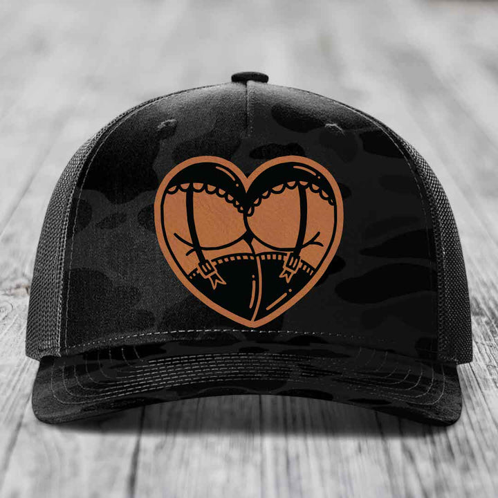 Heart Shaped Ass (Garter Belt) - Leather Patch Hat - Rawhide to Black Patch - Richardson 112PFP Snapback Trucker Hat