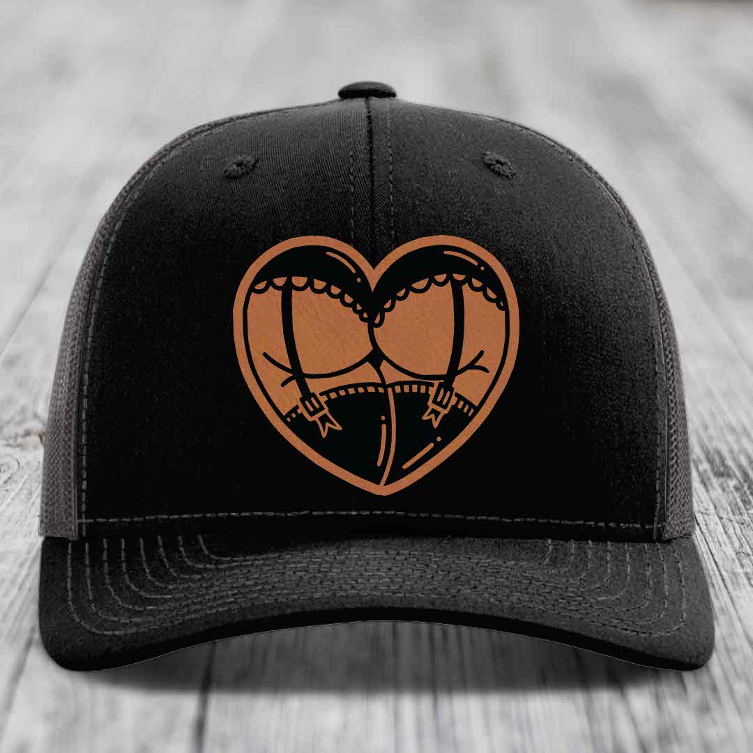 Heart Shaped Ass (Garter Belt) - Leather Patch Hat - Rawhide to Black Patch - Richardson 112 Snapback Trucker Hat