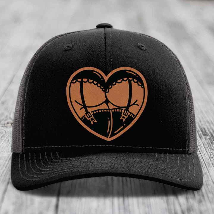 Heart Shaped Ass (Garter Belt) - Leather Patch Hat - Rawhide to Black Patch - Richardson 112 Snapback Trucker Hat