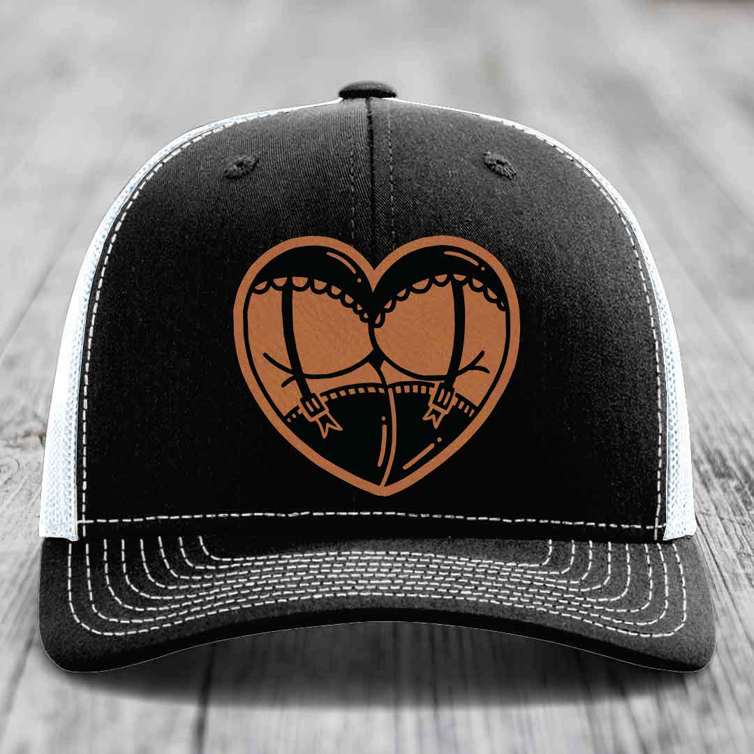 Heart Shaped Ass (Garter Belt) - Leather Patch Hat - Rawhide to Black Patch - Richardson 112 Snapback Trucker Hat