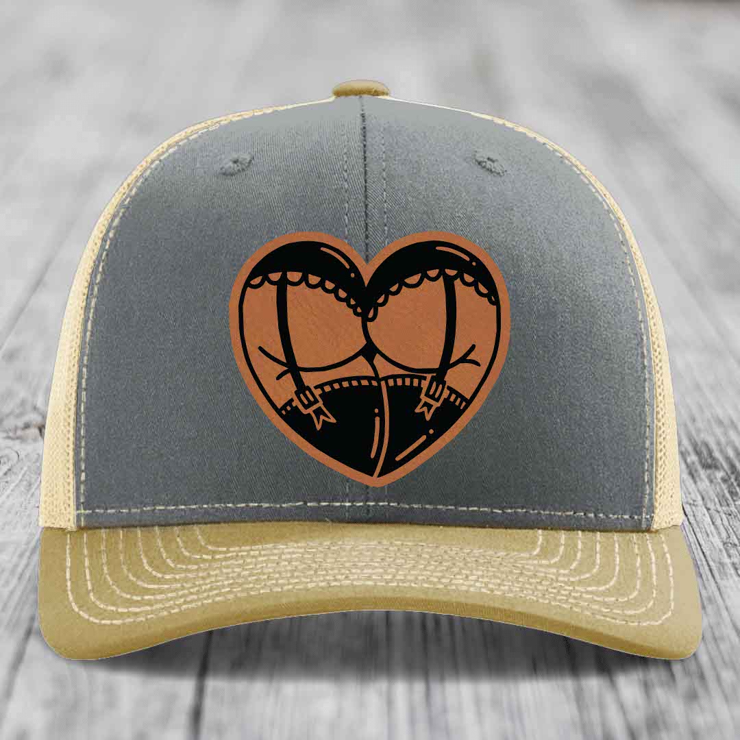 Heart Shaped Ass (Garter Belt) - Leather Patch Hat - Rawhide to Black Patch - Richardson 112 Snapback Trucker Hat