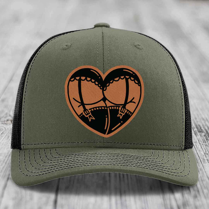 Heart Shaped Ass (Garter Belt) - Leather Patch Hat - Rawhide to Black Patch - Richardson 112 Snapback Trucker Hat