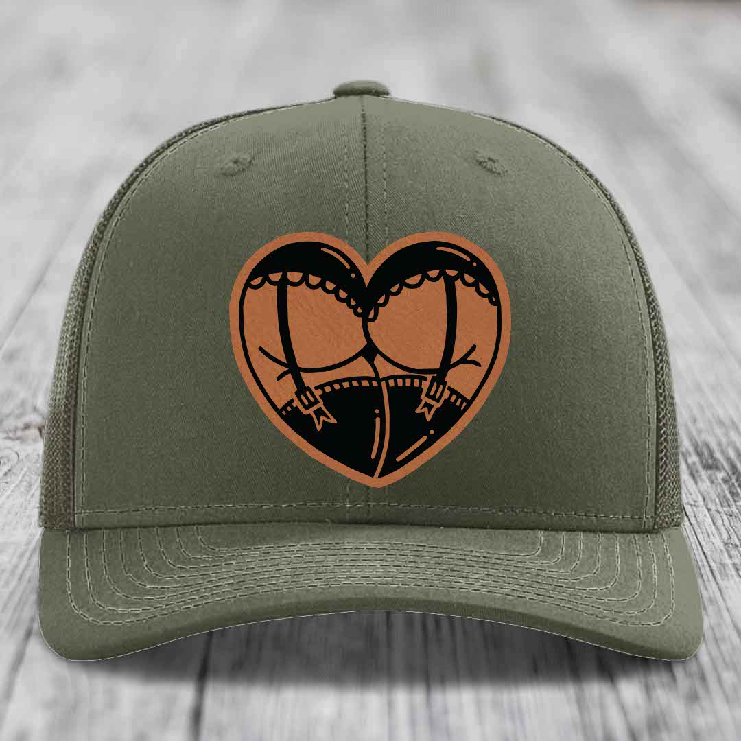 Heart Shaped Ass (Garter Belt) - Leather Patch Hat - Rawhide to Black Patch - Richardson 112 Snapback Trucker Hat