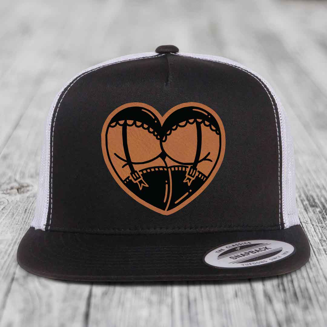 Heart Shaped Ass (Garter Belt) - Leather Patch Hat - Rawhide to Black Patch - Yupoong 6006 Snapback Flatbill Hat