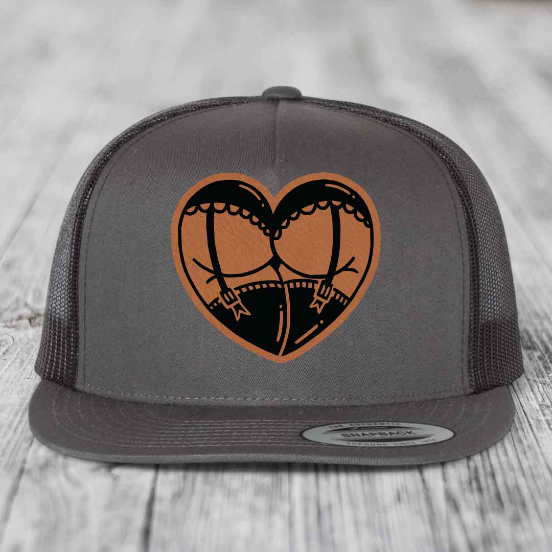 Heart Shaped Ass (Garter Belt) - Leather Patch Hat - Rawhide to Black Patch - Yupoong 6006 Snapback Flatbill Hat