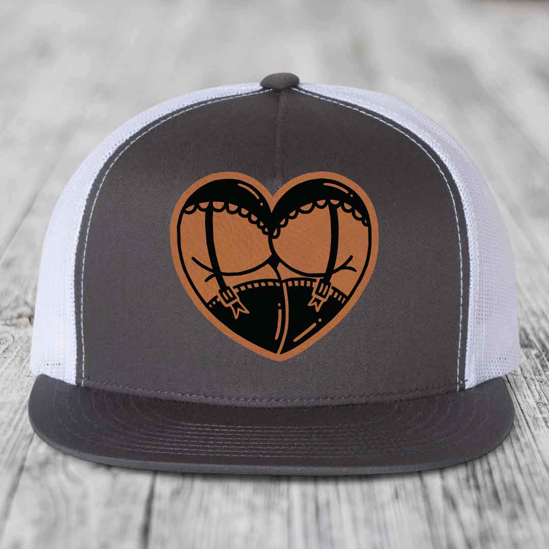 Heart Shaped Ass (Garter Belt) - Leather Patch Hat - Rawhide to Black Patch - Yupoong 6006 Snapback Flatbill Hat