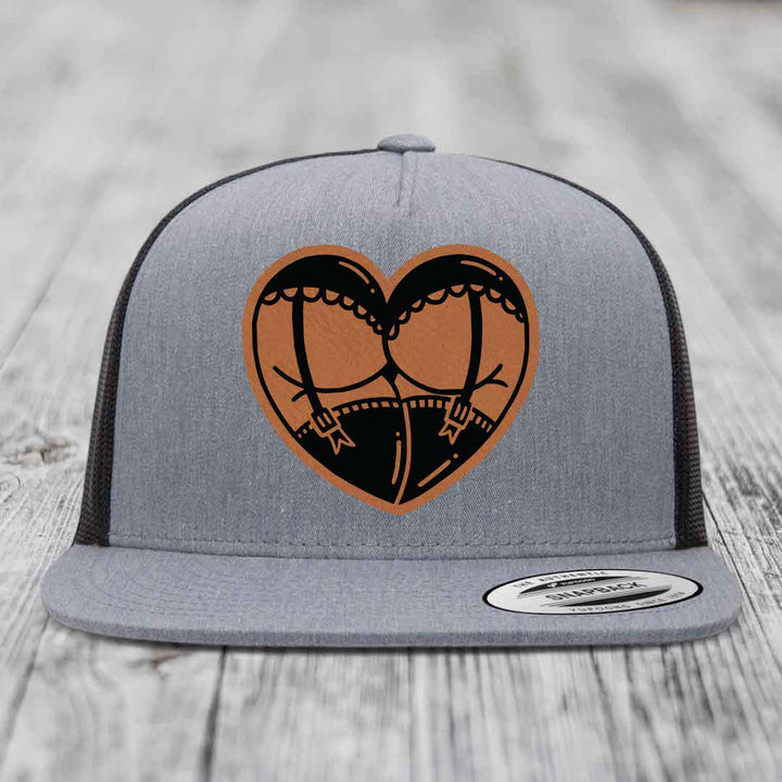 Heart Shaped Ass (Garter Belt) - Leather Patch Hat - Rawhide to Black Patch - Yupoong 6006 Snapback Flatbill Hat