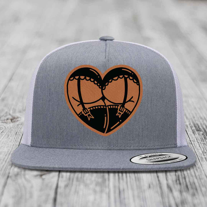 Heart Shaped Ass (Garter Belt) - Leather Patch Hat - Rawhide to Black Patch - Yupoong 6006 Snapback Flatbill Hat