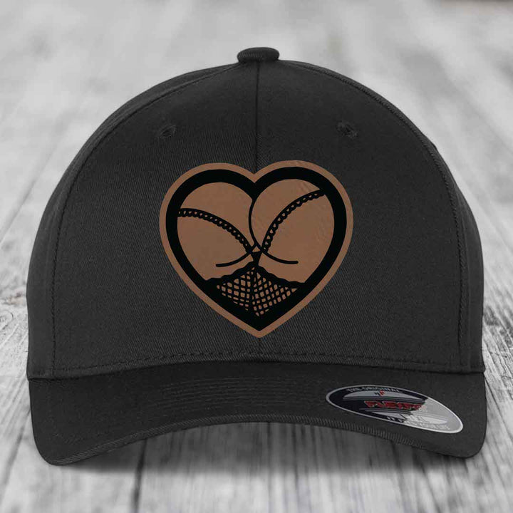 Heart Shaped Ass (Stockings) - Leather Patch Hat - Dark Brown to Black Patch - Flexfit 6277 Fitted Hat