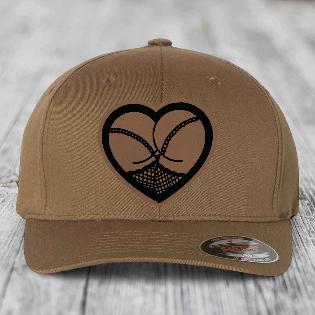 Heart Shaped Ass (Stockings) - Leather Patch Hat - Dark Brown to Black Patch - Flexfit 6277 Fitted Hat