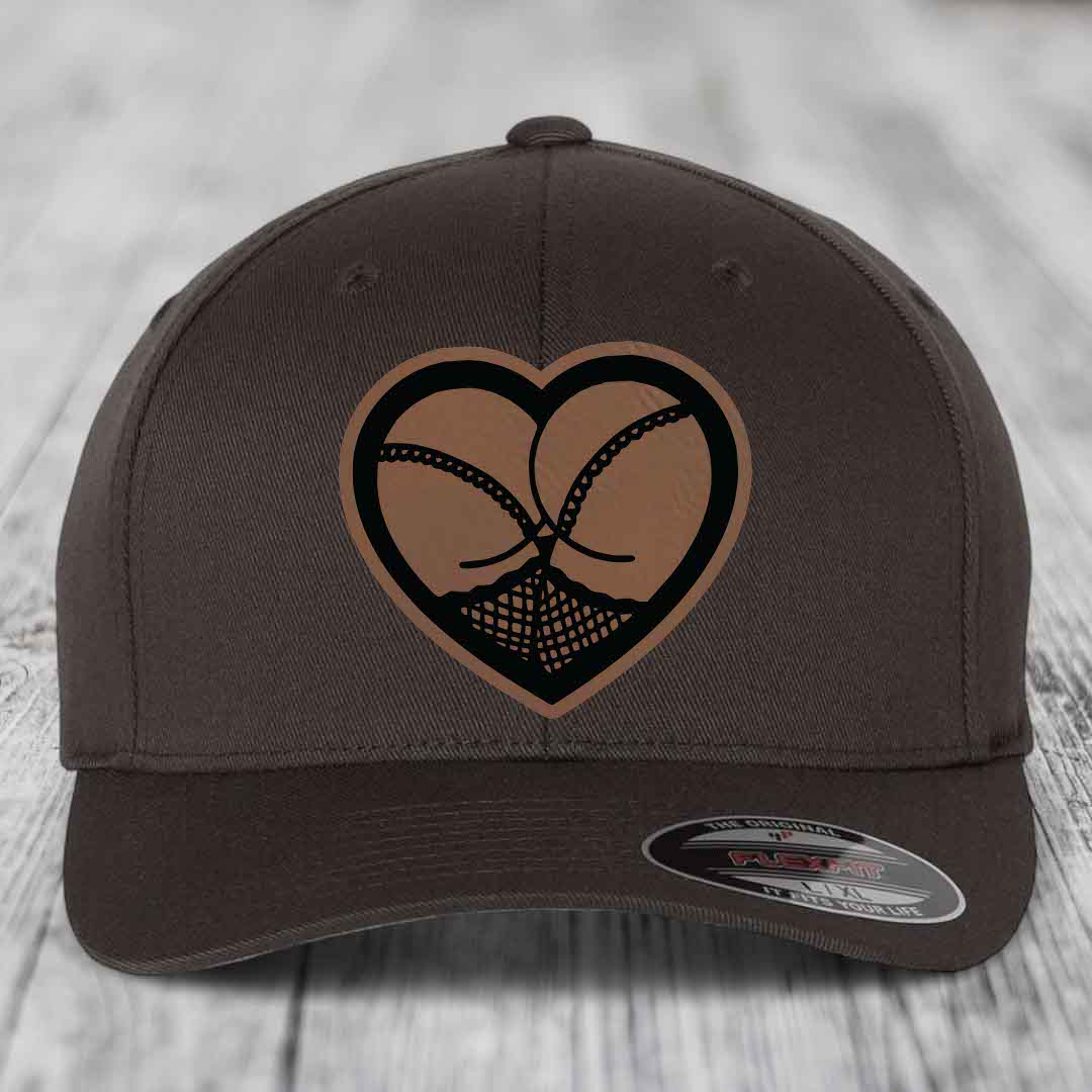 Heart Shaped Ass (Stockings) - Leather Patch Hat - Dark Brown to Black Patch - Flexfit 6277 Fitted Hat