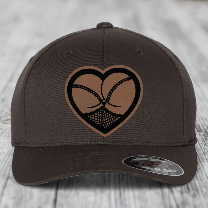 Heart Shaped Ass (Stockings) - Leather Patch Hat - Dark Brown to Black Patch - Flexfit 6277 Fitted Hat