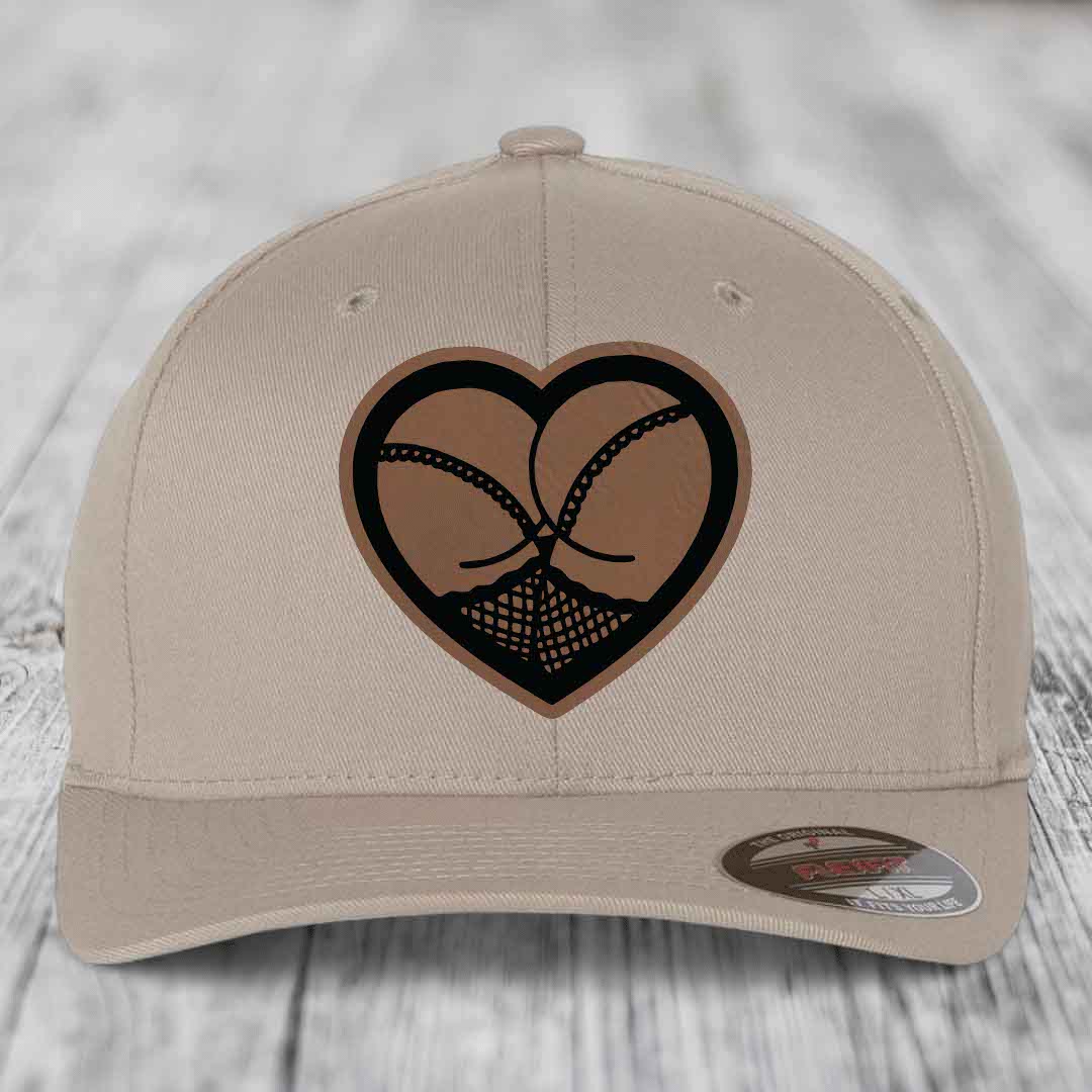 Heart Shaped Ass (Stockings) - Leather Patch Hat - Dark Brown to Black Patch - Flexfit 6277 Fitted Hat