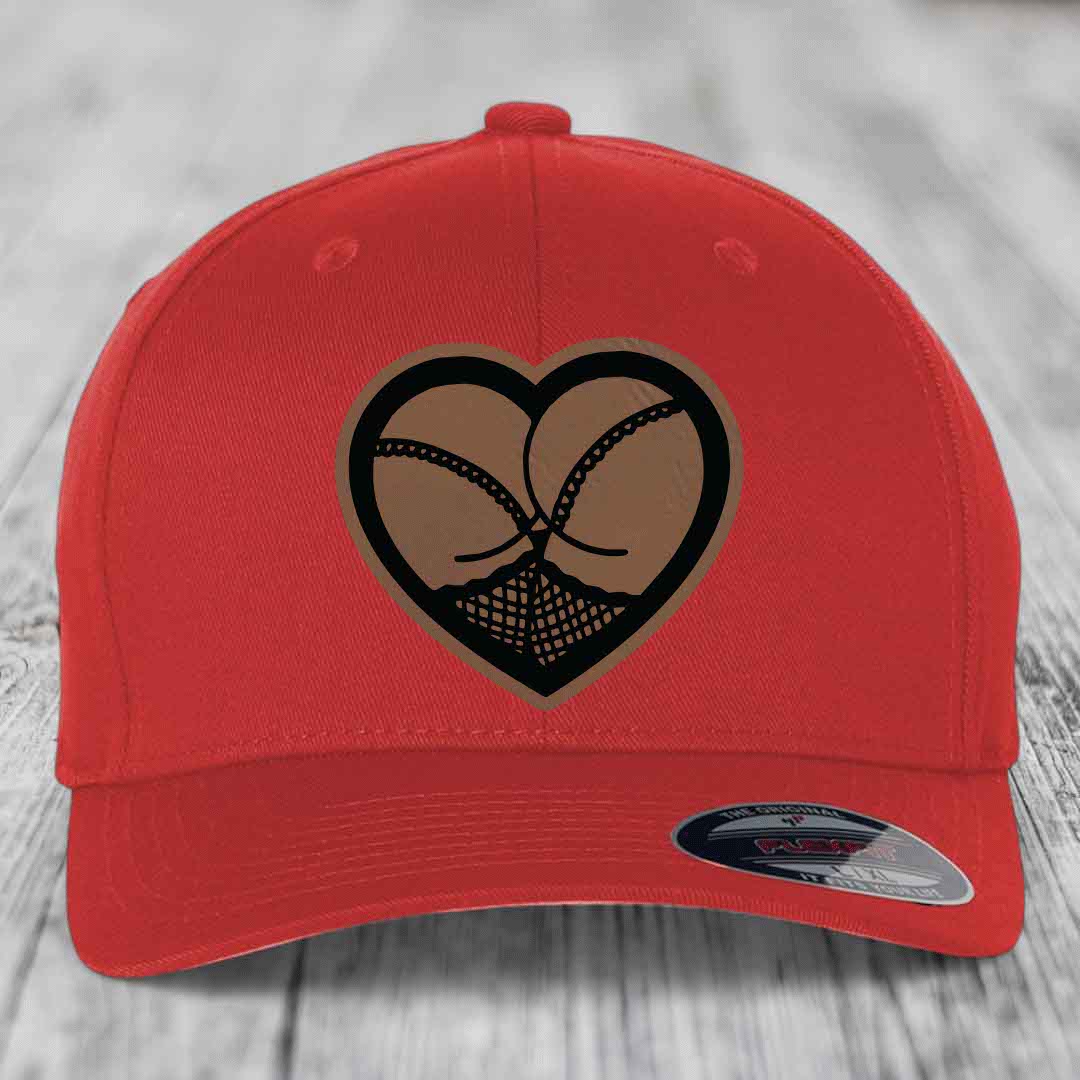 Heart Shaped Ass (Stockings) - Leather Patch Hat - Dark Brown to Black Patch - Flexfit 6277 Fitted Hat