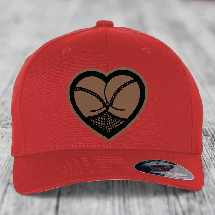 Heart Shaped Ass (Stockings) - Leather Patch Hat - Dark Brown to Black Patch - Flexfit 6277 Fitted Hat