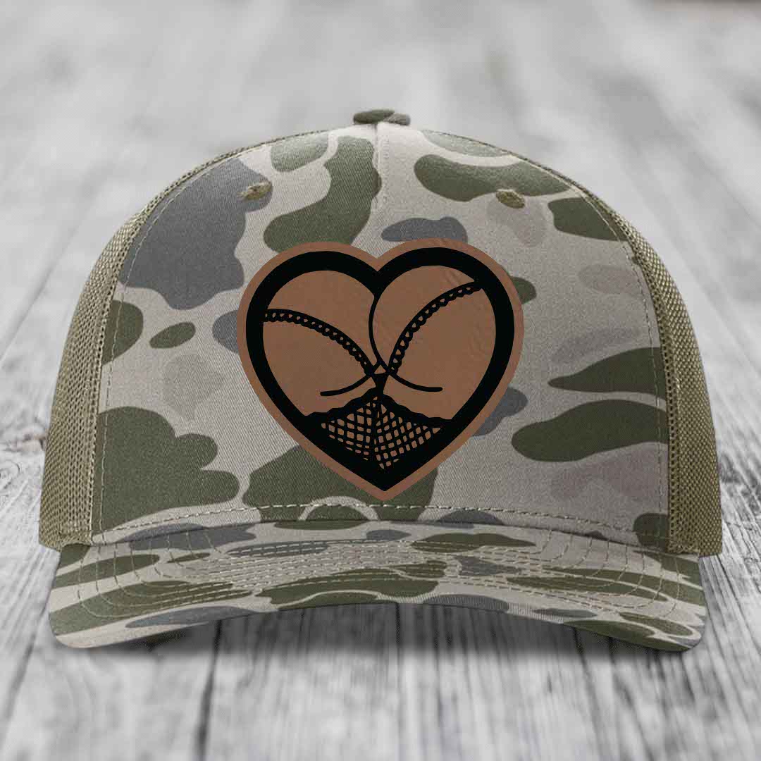 Heart Shaped Ass (Stockings) - Leather Patch Hat - Dark Brown to Black Patch - Richardson 112PFP Snapback Trucker Hat