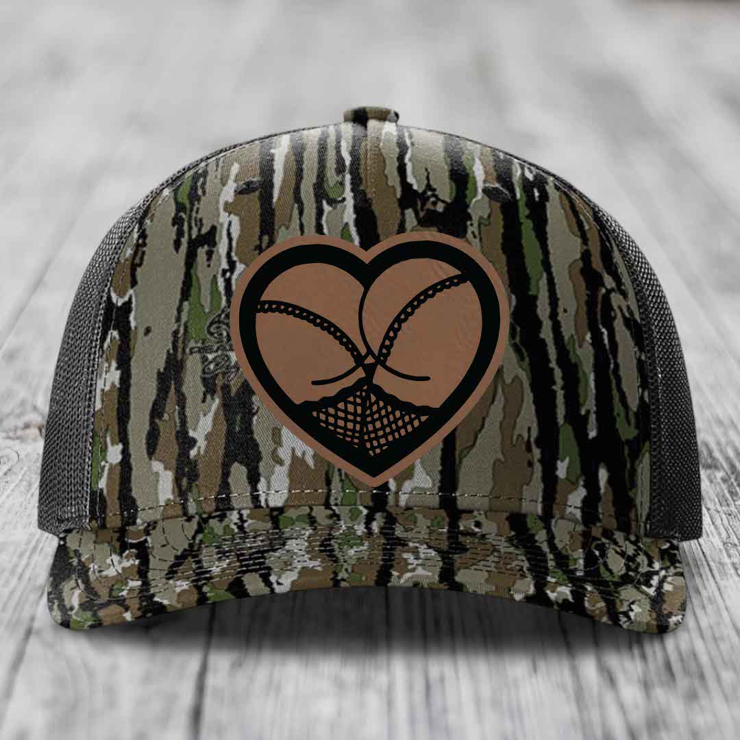 Heart Shaped Ass (Stockings) - Leather Patch Hat - Dark Brown to Black Patch - Richardson 112PFP Snapback Trucker Hat