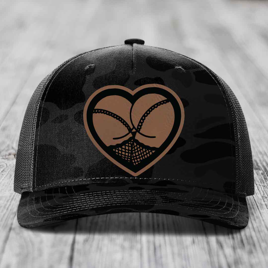Heart Shaped Ass (Stockings) - Leather Patch Hat - Dark Brown to Black Patch - Richardson 112PFP Snapback Trucker Hat