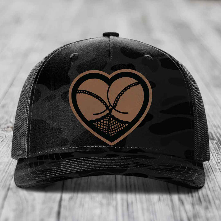 Heart Shaped Ass (Stockings) - Leather Patch Hat - Dark Brown to Black Patch - Richardson 112PFP Snapback Trucker Hat