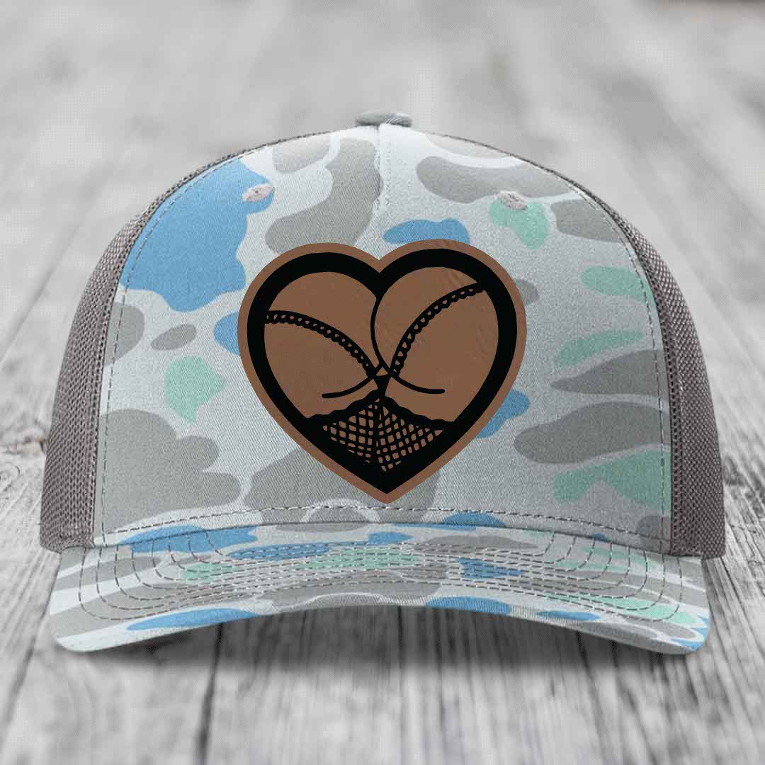 Heart Shaped Ass (Stockings) - Leather Patch Hat - Dark Brown to Black Patch - Richardson 112PFP Snapback Trucker Hat