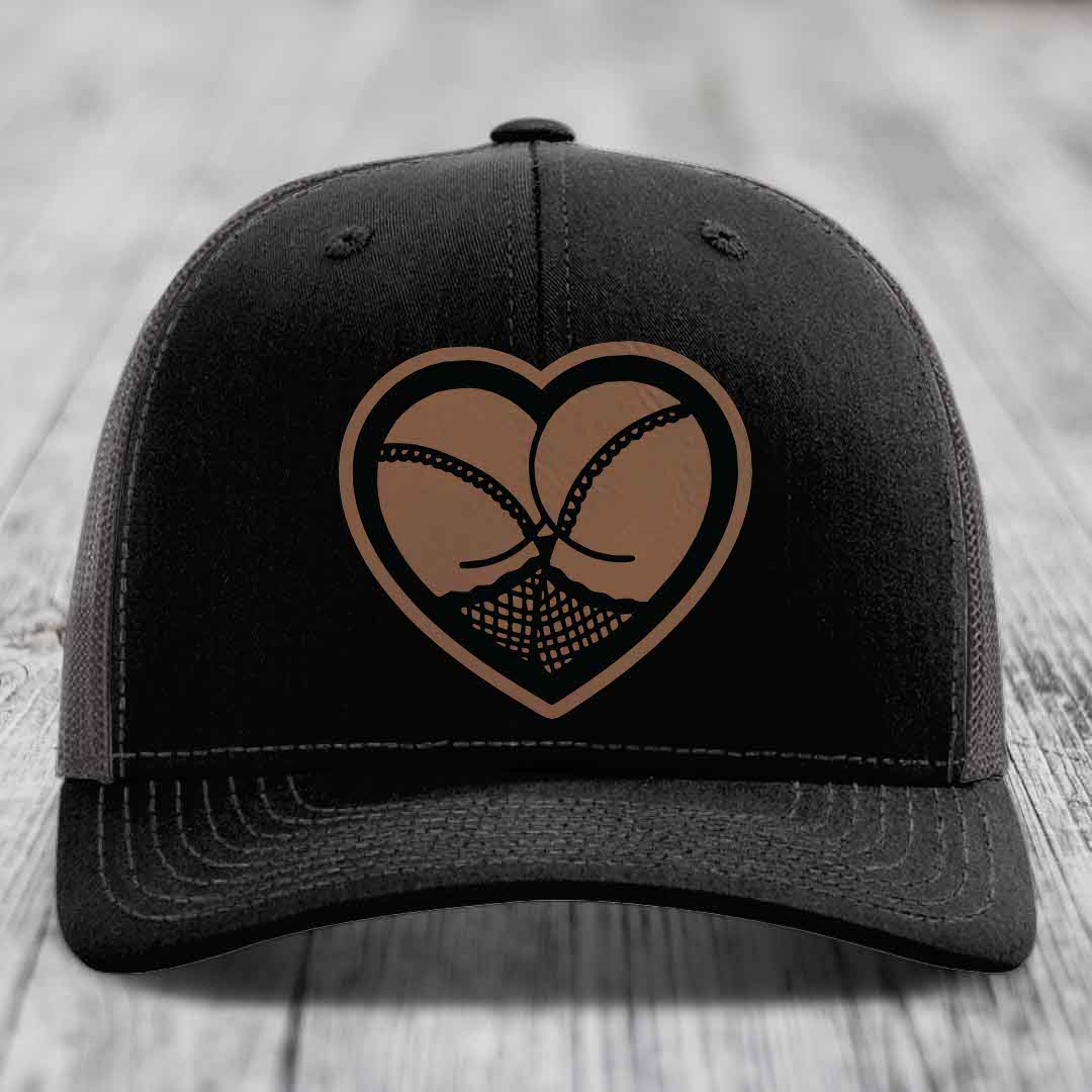Heart Shaped Ass (Stockings) - Leather Patch Hat - Dark Brown to Black Patch - Richardson 112 Snapback Trucker Hat