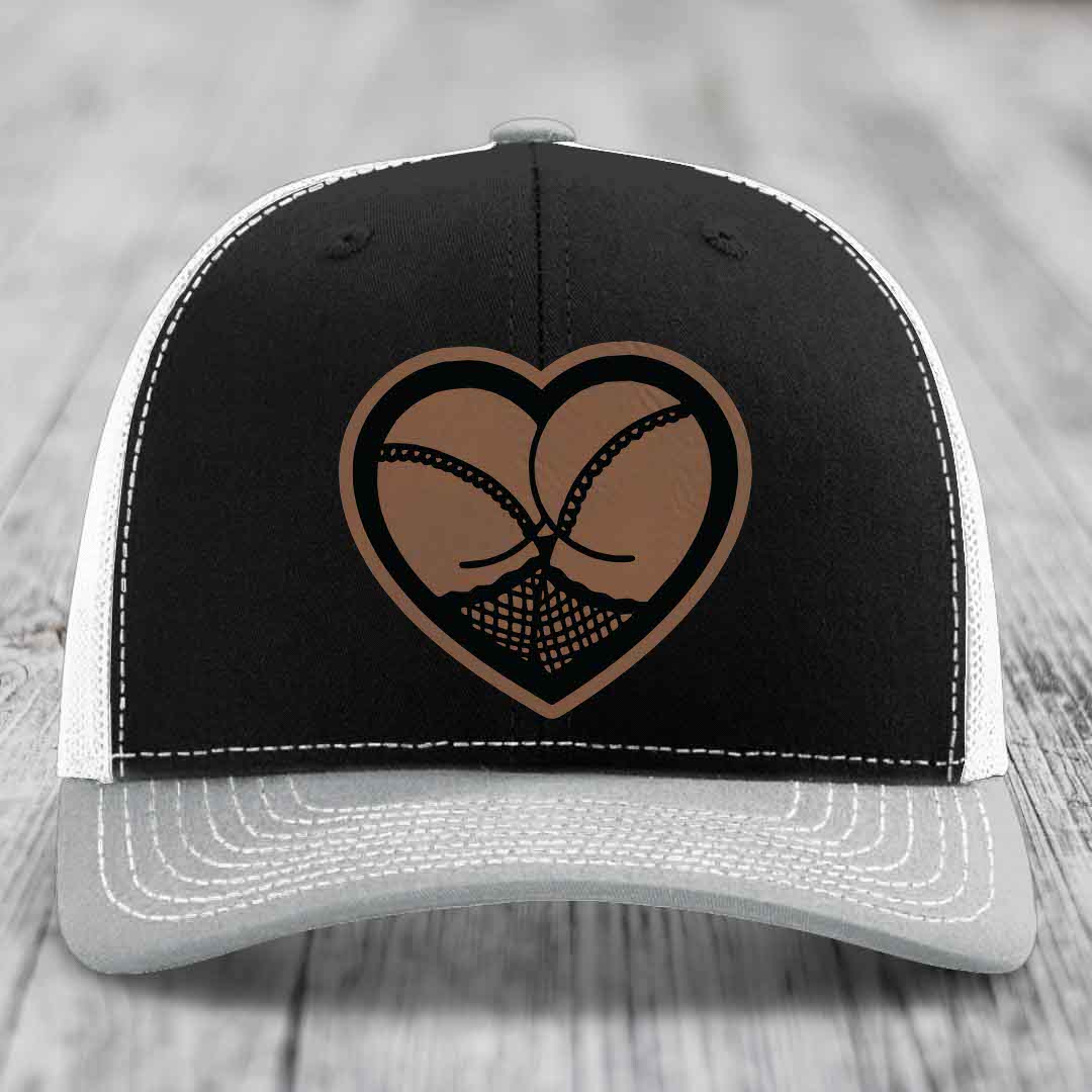 Heart Shaped Ass (Stockings) - Leather Patch Hat - Dark Brown to Black Patch - Richardson 112 Snapback Trucker Hat