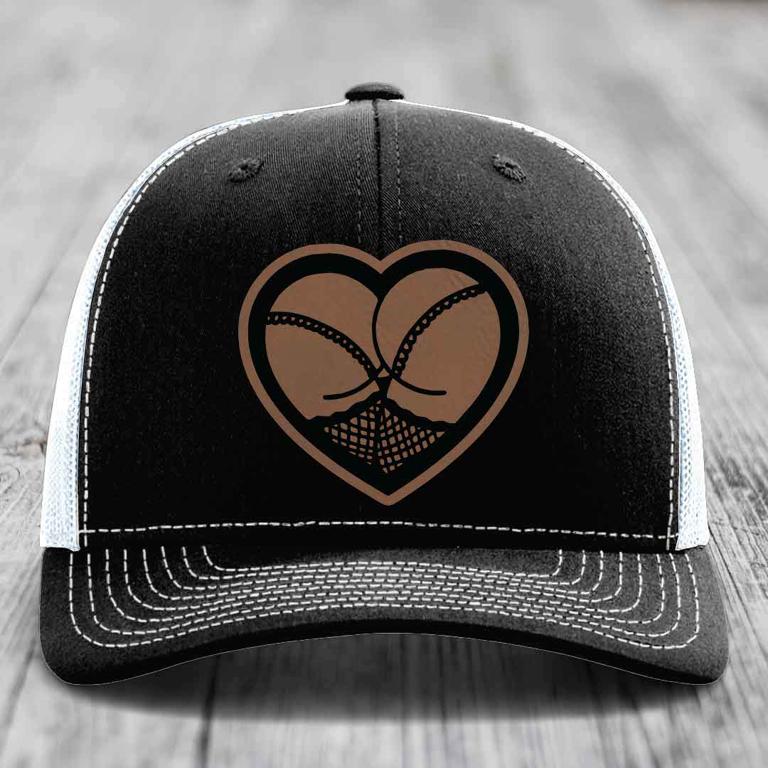 Heart Shaped Ass (Stockings) - Leather Patch Hat - Dark Brown to Black Patch - Richardson 112 Snapback Trucker Hat