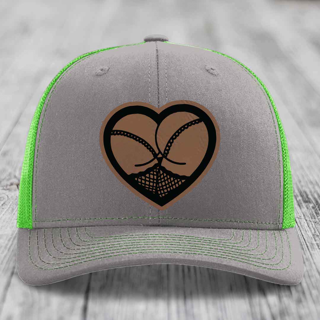 Heart Shaped Ass (Stockings) - Leather Patch Hat - Dark Brown to Black Patch - Richardson 112 Snapback Trucker Hat