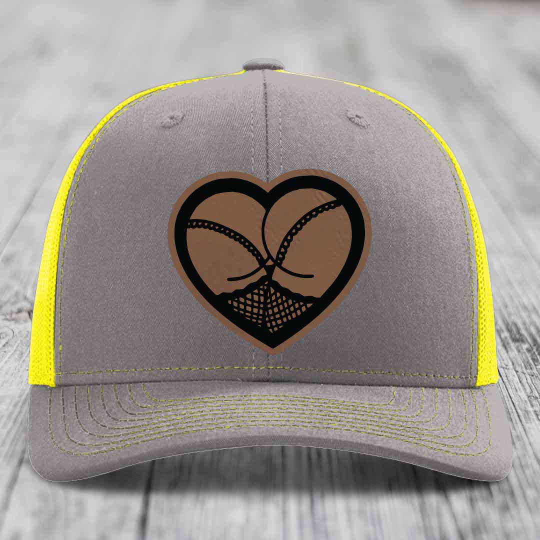 Heart Shaped Ass (Stockings) - Leather Patch Hat - Dark Brown to Black Patch - Richardson 112 Snapback Trucker Hat
