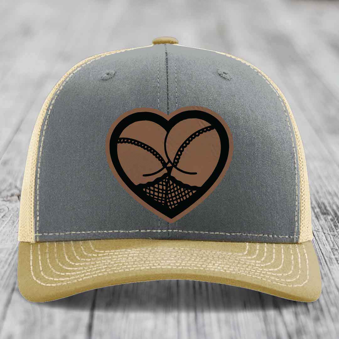 Heart Shaped Ass (Stockings) - Leather Patch Hat - Dark Brown to Black Patch - Richardson 112 Snapback Trucker Hat