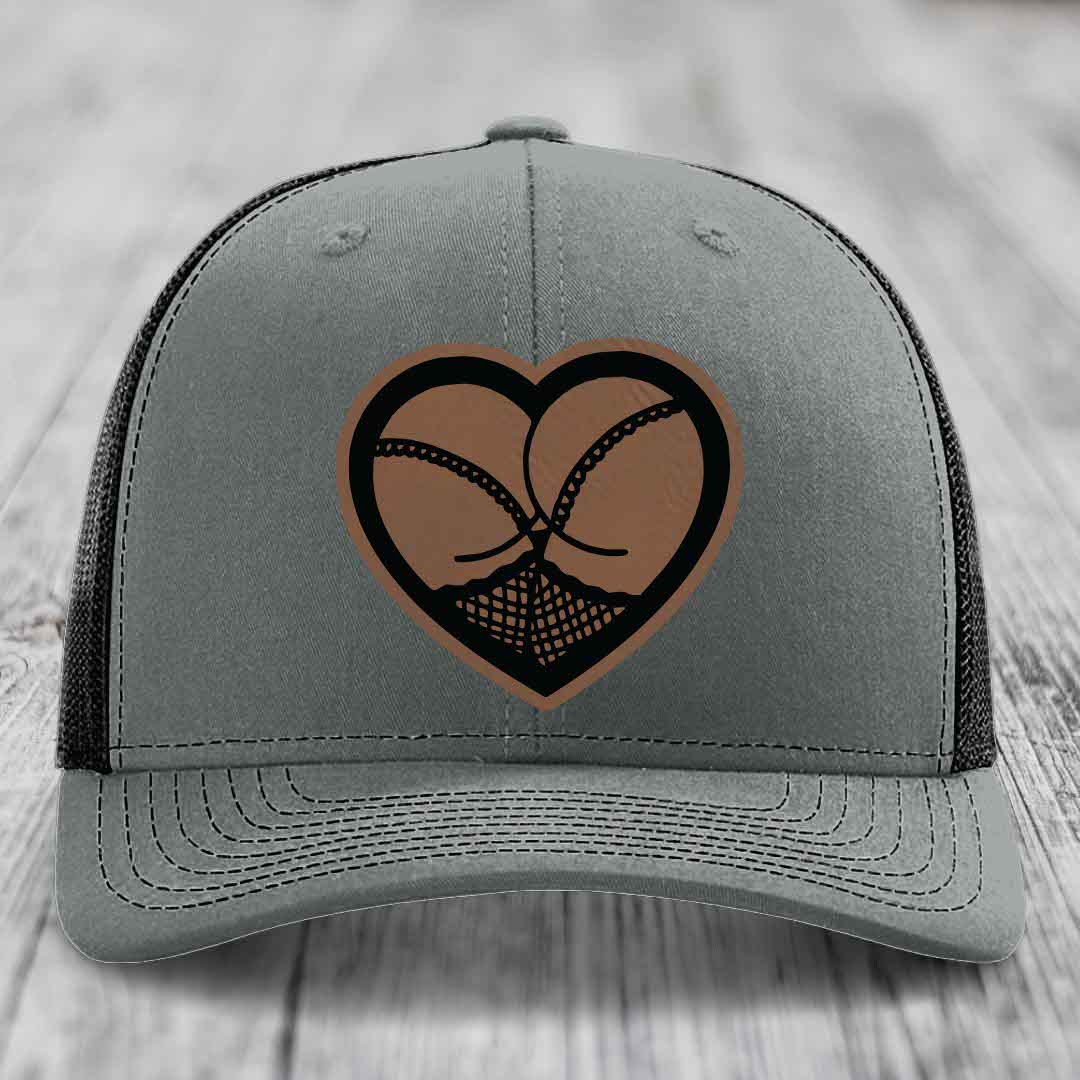 Heart Shaped Ass (Stockings) - Leather Patch Hat - Dark Brown to Black Patch - Richardson 112 Snapback Trucker Hat