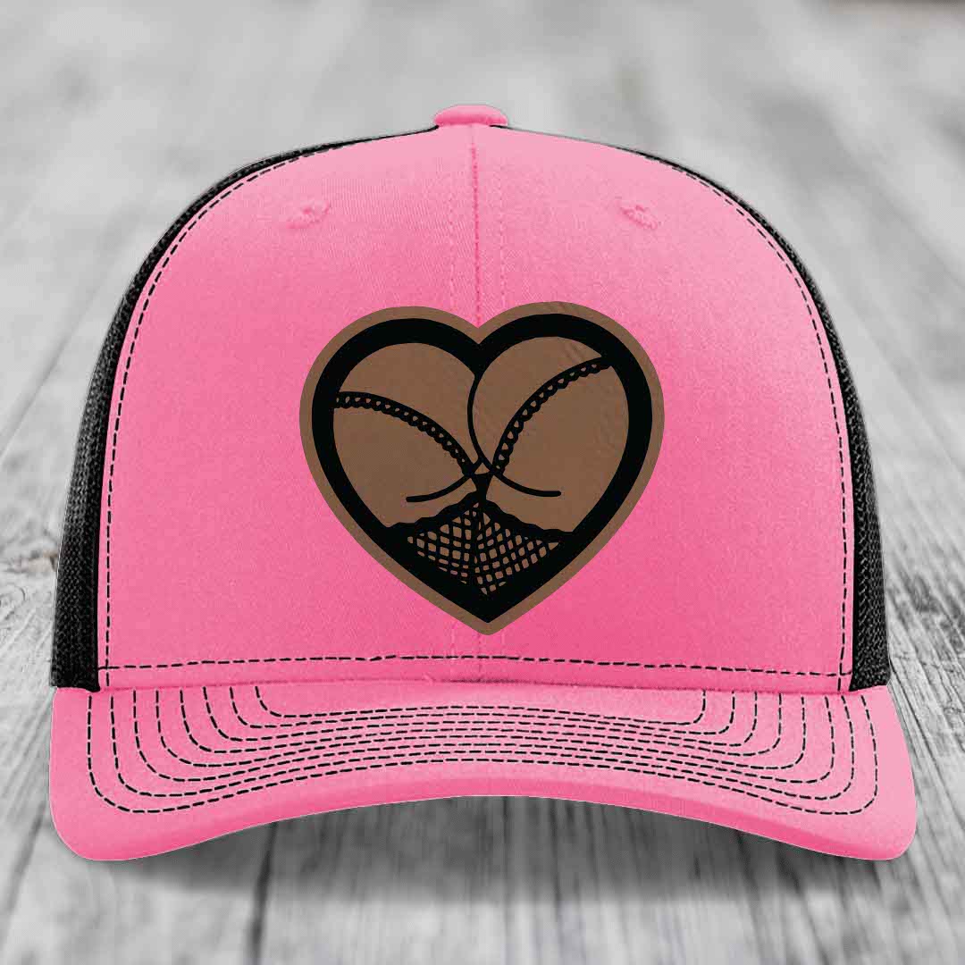 Heart Shaped Ass (Stockings) - Leather Patch Hat - Dark Brown to Black Patch - Richardson 112 Snapback Trucker Hat