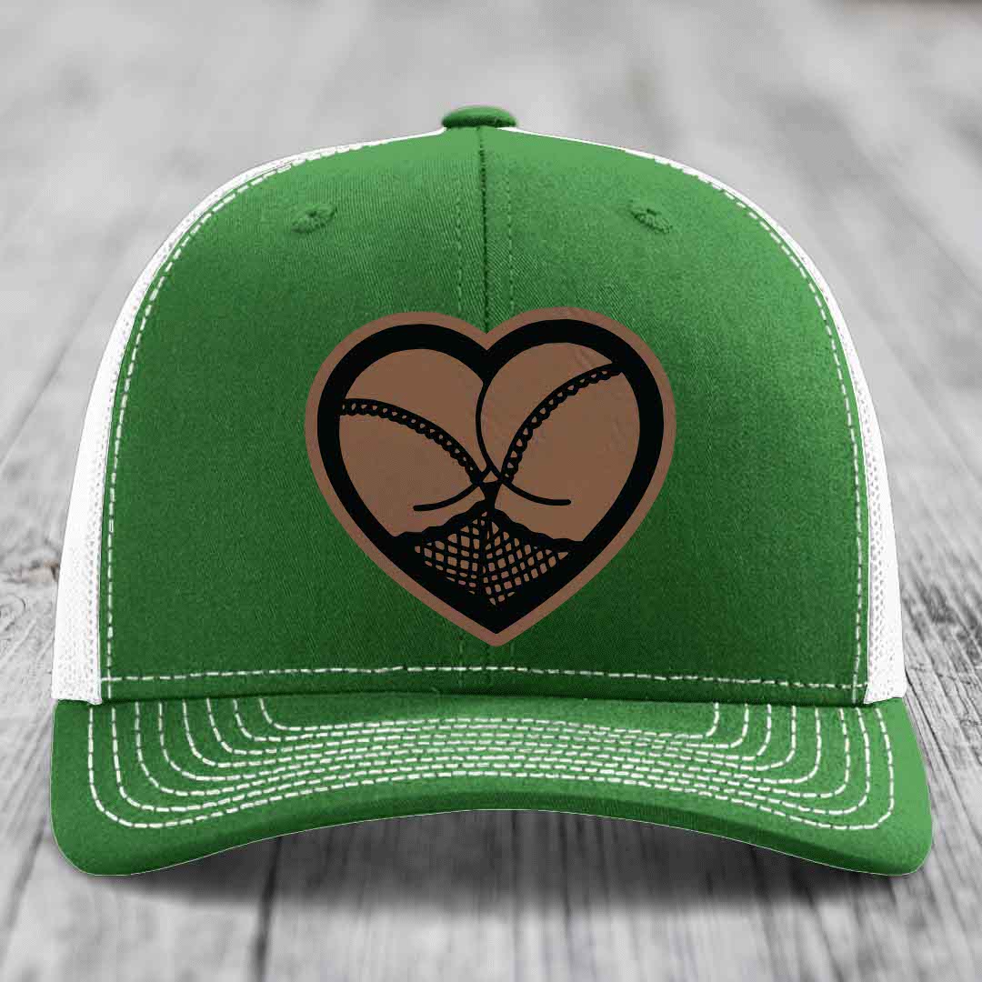 Heart Shaped Ass (Stockings) - Leather Patch Hat - Dark Brown to Black Patch - Richardson 112 Snapback Trucker Hat
