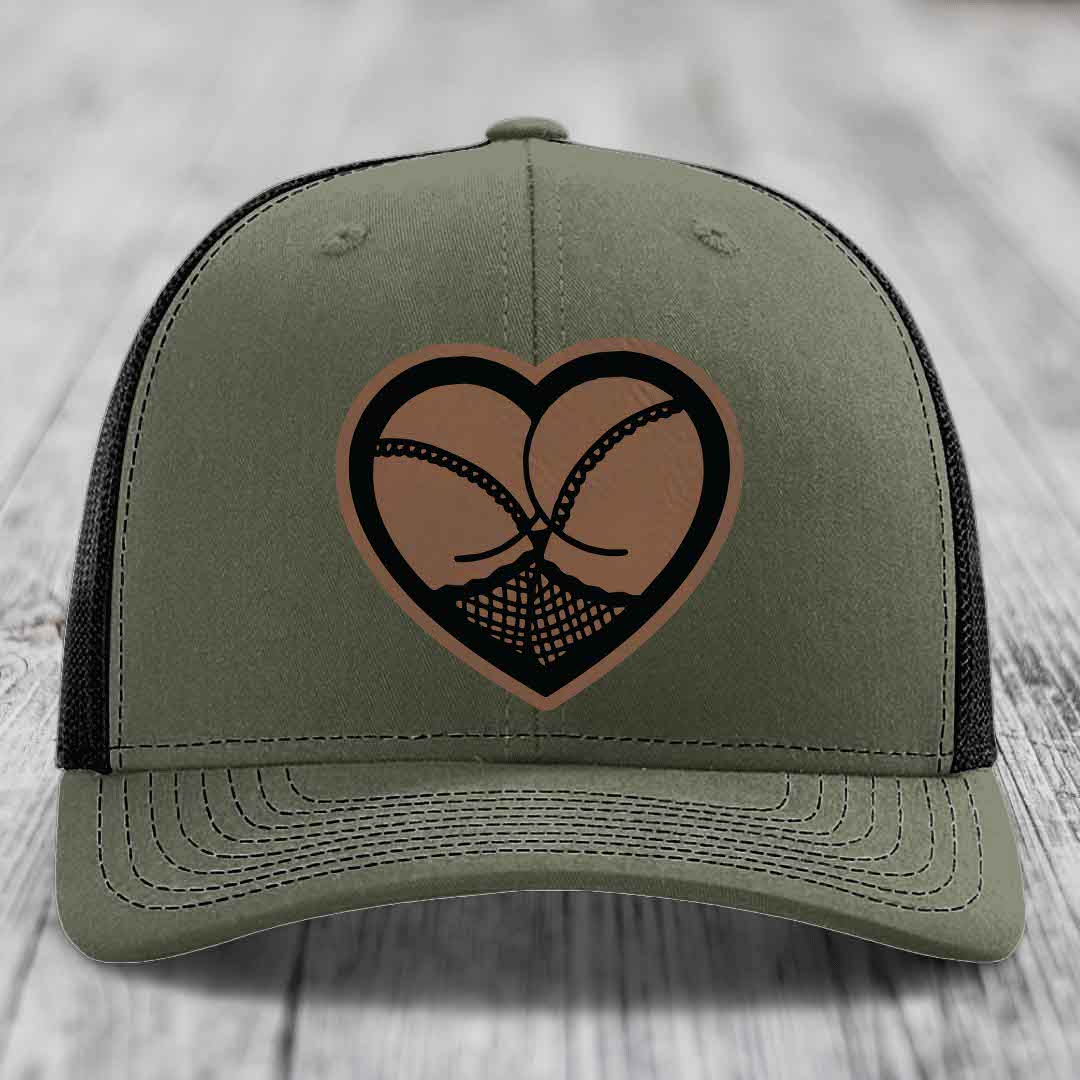 Heart Shaped Ass (Stockings) - Leather Patch Hat - Dark Brown to Black Patch - Richardson 112 Snapback Trucker Hat