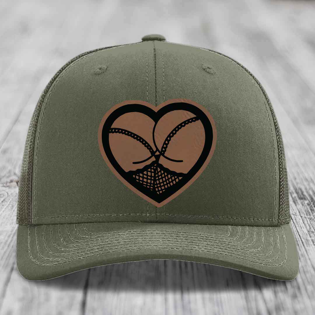 Heart Shaped Ass (Stockings) - Leather Patch Hat - Dark Brown to Black Patch - Richardson 112 Snapback Trucker Hat
