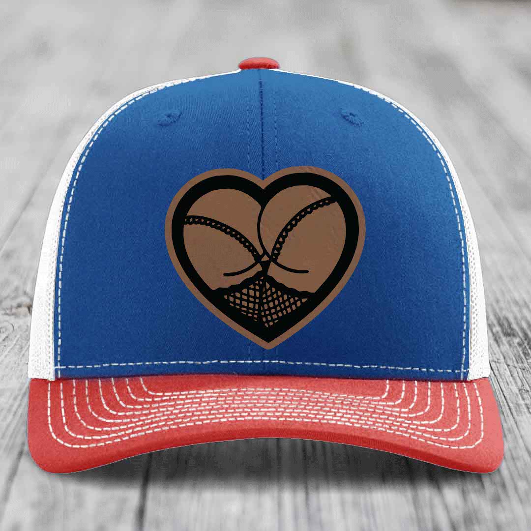 Heart Shaped Ass (Stockings) - Leather Patch Hat - Dark Brown to Black Patch - Richardson 112 Snapback Trucker Hat